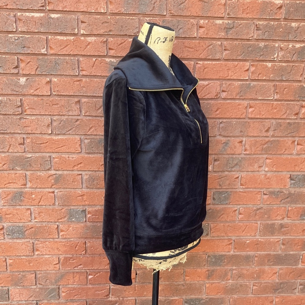 Halston Black Velour Half-Zip Pullover with Gold Zip Detail XS - Picture 2 of 10